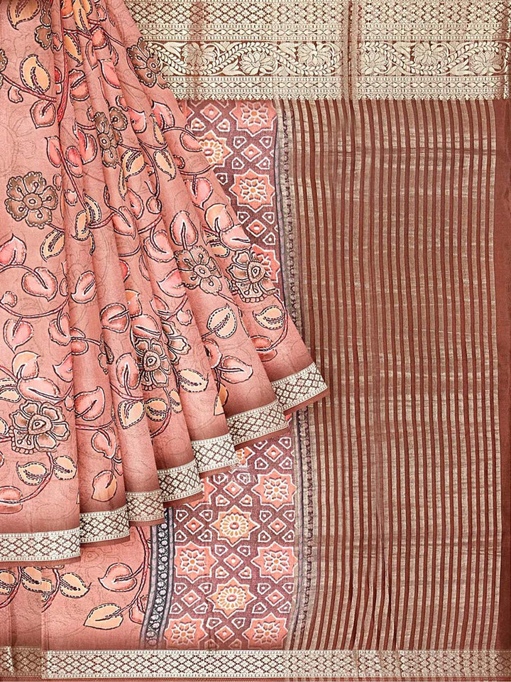 Light Peach Semi Tussar Silk Saree with Floral Prints on the body and Contrast Zari Border - Diadem