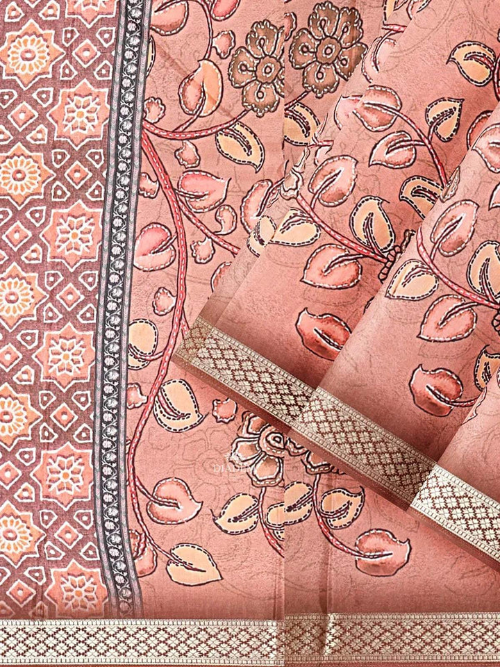 Light Peach Semi Tussar Silk Saree with Floral Prints on the body and Contrast Zari Border - Diadem