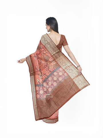 Light Peach Semi Tussar Silk Saree with Floral Prints on the body and Contrast Zari Border - Diadem