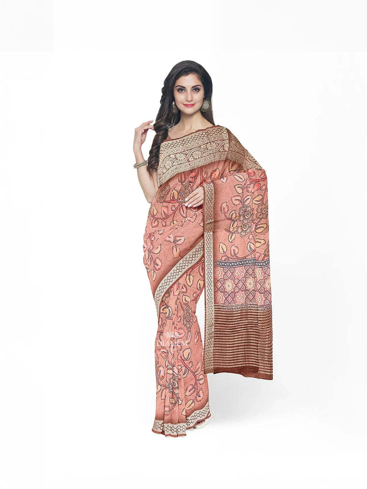 Light Peach Semi Tussar Silk Saree with Floral Prints on the body and Contrast Zari Border - Diadem