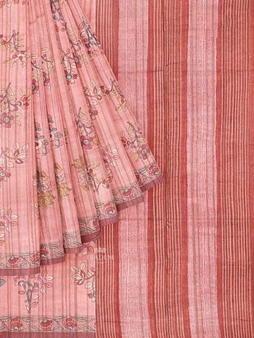 Peach Semi Tussar Silk Saree with Floral Prints on the body and Printed Border - Diadem