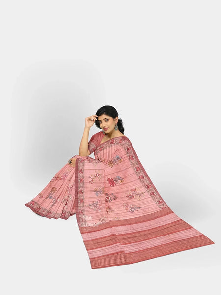 Peach Semi Tussar Silk Saree with Floral Prints on the body and Printed Border - Diadem