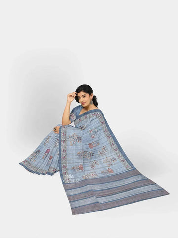 Light Blue Semi Tussar Silk Saree with Floral Prints on the body and Printed Border - Diadem