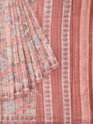 Peach Semi Tussar Silk Saree with Floral Prints on the body and Printed Border - Diadem