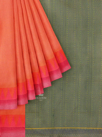 Red Pink Cotton Saree with Temple Motif on the body and Thread Border - Diadem