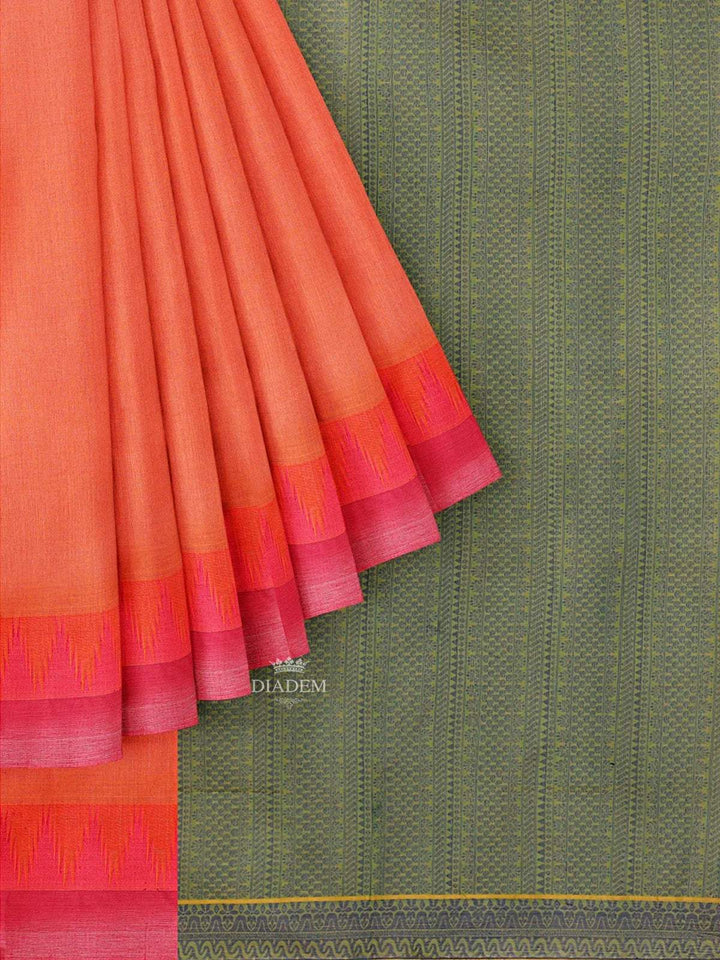 Red Pink Cotton Saree with Temple Motif on the body and Thread Border - Diadem