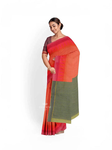 Red Pink Cotton Saree with Temple Motif on the body and Thread Border - Diadem