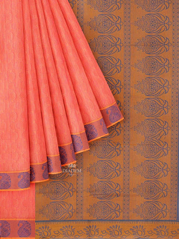 Pink Cotton Saree with Plain body and Floral Thread Border - Diadem