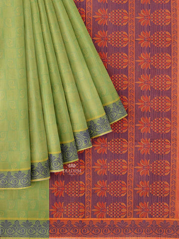 Green Cotton Saree with Paisley Motif on the body and Thread Border - Diadem