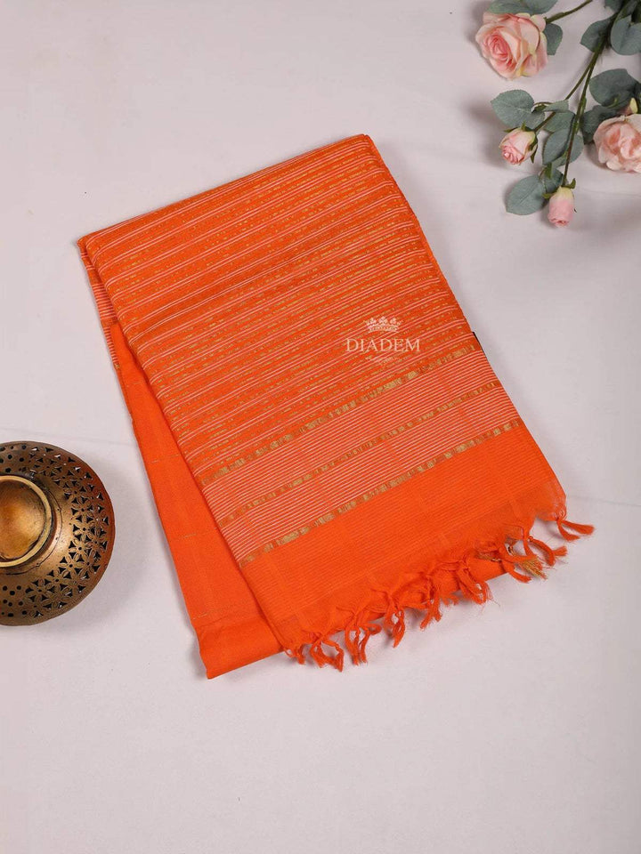 Orange Cotton Saree with Jute Design on the Body without Border - Diadem