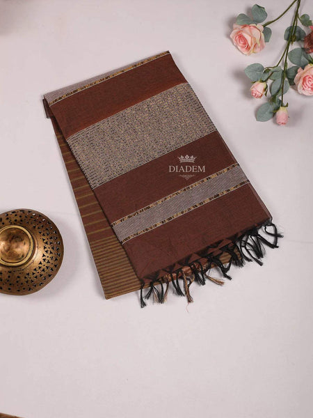 Brown Cotton Saree with Jute Design on the Body without Border - Diadem