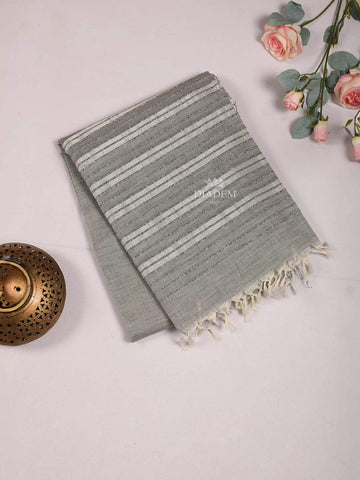 Grey Cotton Saree with Jute Design on the Body without Border - Diadem