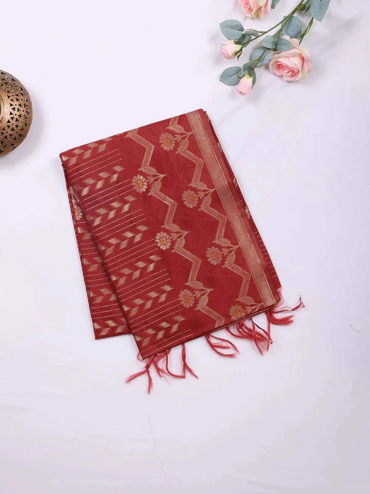 Red Semi Tussar Silk Saree with Flower Design on the Body and without Border - Diadem