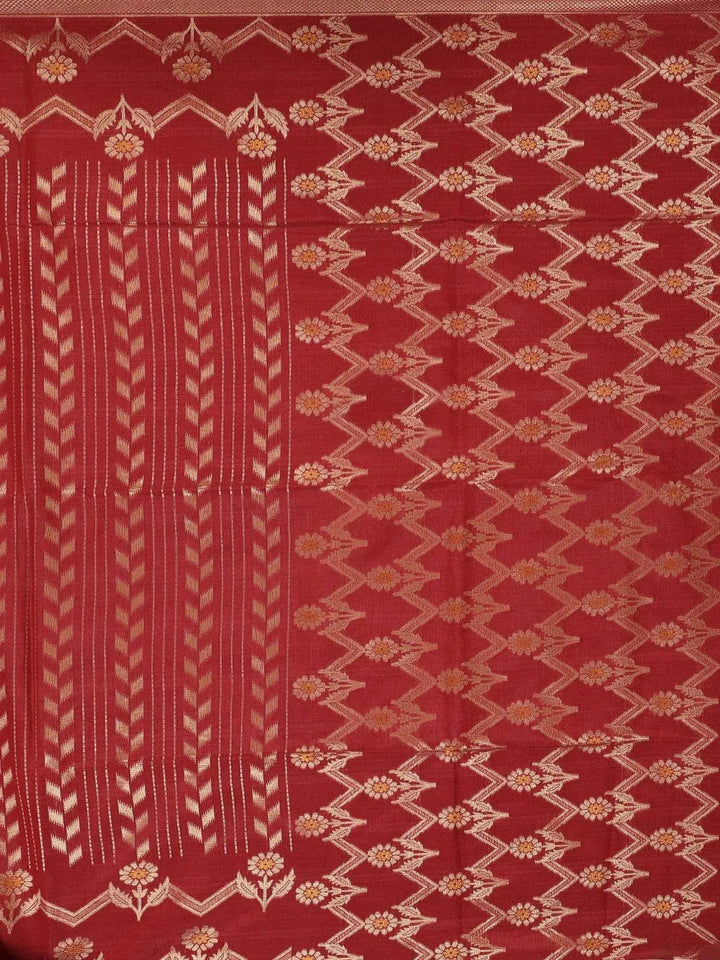 Red Semi Tussar Silk Saree with Flower Design on the Body and without Border - Diadem