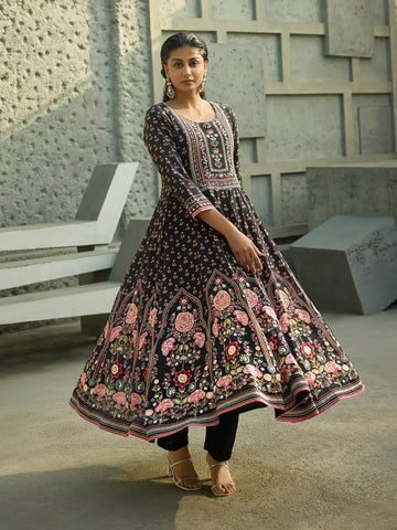 Black Floral Printed Synthetic Salwar Suit - Diadem