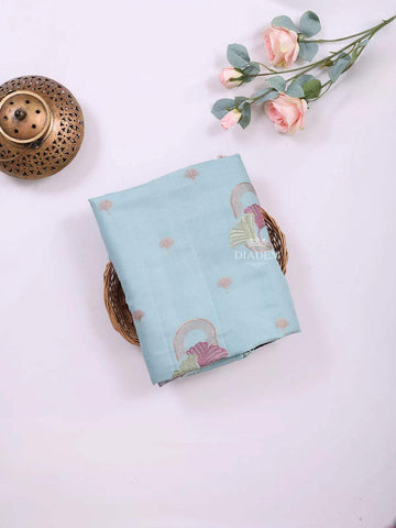 Light Blue Semi Tussar Silk Saree with Leaf Motif on the Body and without Border - Diadem