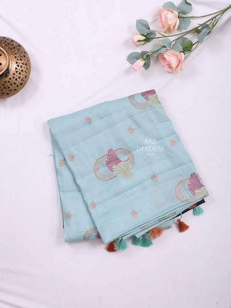 Light Blue Semi Tussar Silk Saree with Leaf Motif on the Body and without Border - Diadem