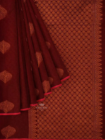 Maroon Silk Cotton Saree with Design Prints on the body and without Border - Diadem