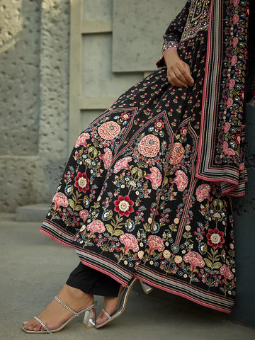 Black Floral Printed Synthetic Salwar Suit - Diadem