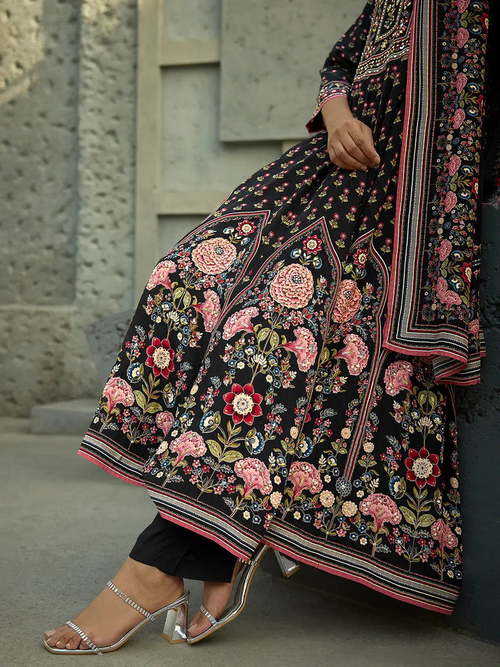 Black Floral Printed Synthetic Salwar Suit - Diadem