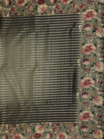 Dark Grey Semi Tussar Silk Striped And Floral Prints Saree - Diadem