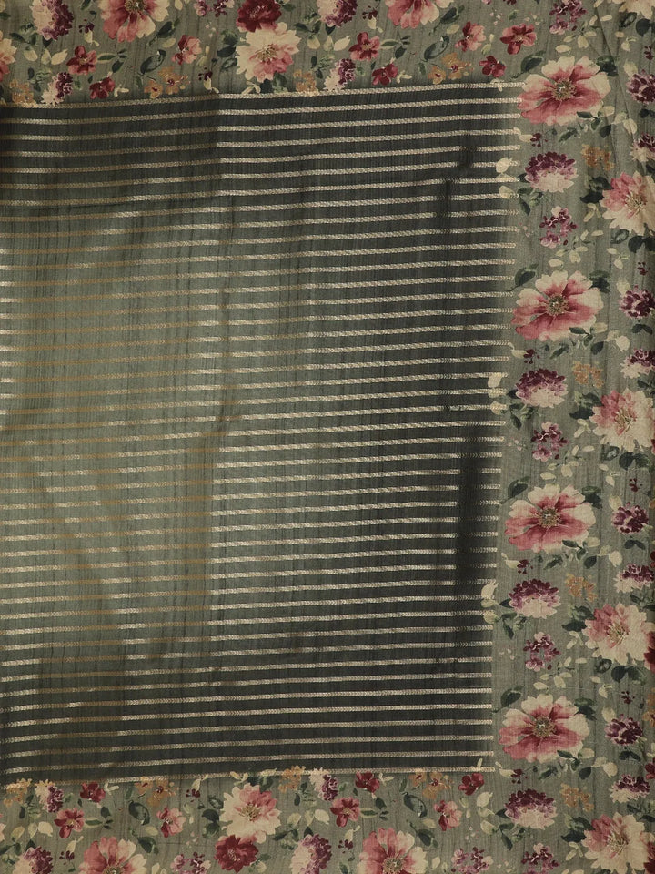 Dark Grey Semi Tussar Silk Striped And Floral Prints Saree - Diadem