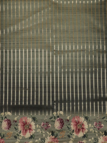 Dark Grey Semi Tussar Silk Striped And Floral Prints Saree - Diadem