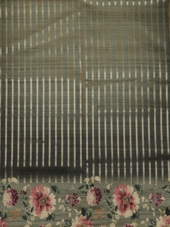 Dark Grey Semi Tussar Silk Striped And Floral Prints Saree - Diadem