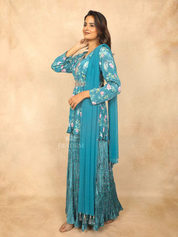 Teal Blue Sharara Set Embellished with Sequins and Floral Design and Paired with Dupatta - Diadem