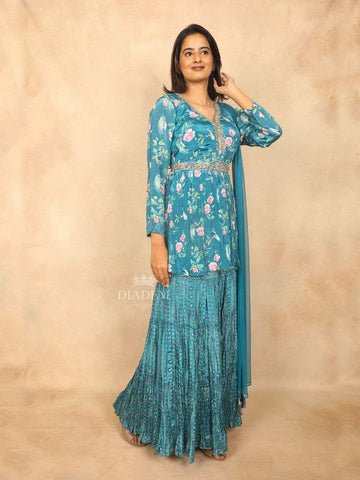 Teal Blue Sharara Set Embellished with Sequins and Floral Design and Paired with Dupatta - Diadem