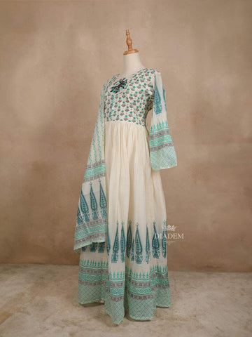 Off White Cotton Straight Cut Salwar Suit for Women Adorned with Sequins and Flower Designs Paired with Dupatta - Diadem