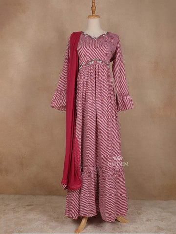 Pink Cotton Straight Cut Salwar Suit for Girls Adorned with Stripes and Mirror Design paired with Dupatta - Diadem