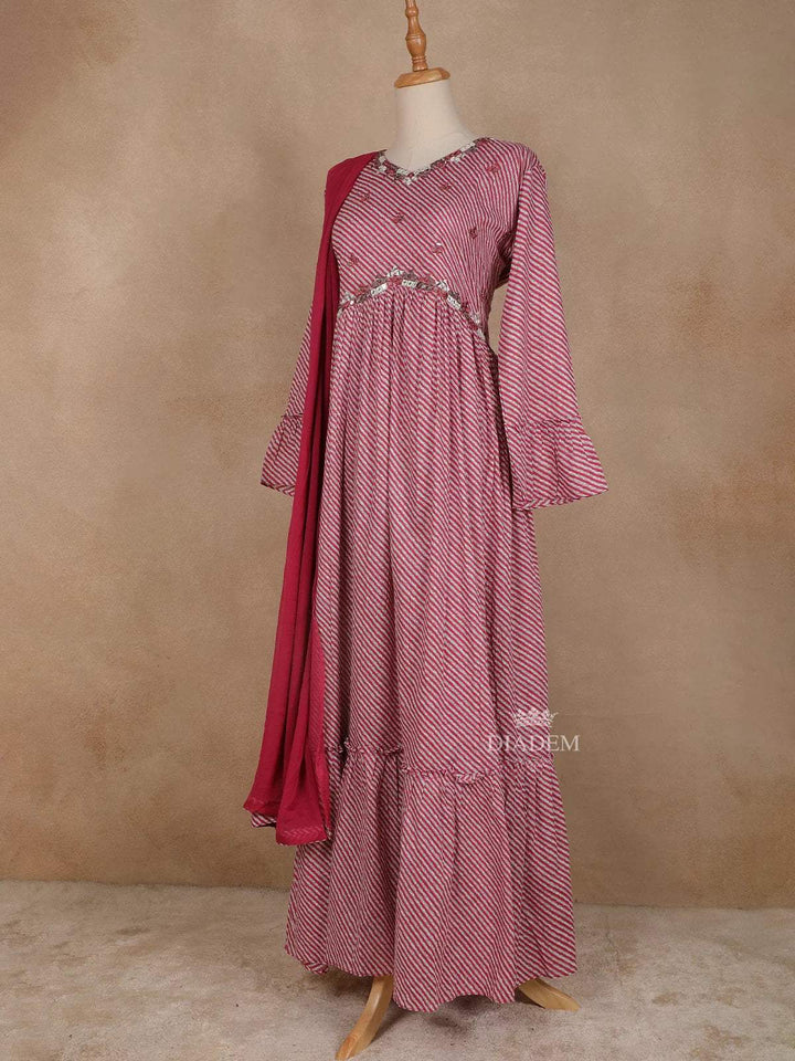 Pink Cotton Straight Cut Salwar Suit for Girls Adorned with Stripes and Mirror Design paired with Dupatta - Diadem