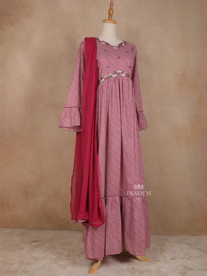 Pink Cotton Straight Cut Salwar Suit for Girls Adorned with Stripes and Mirror Design paired with Dupatta - Diadem