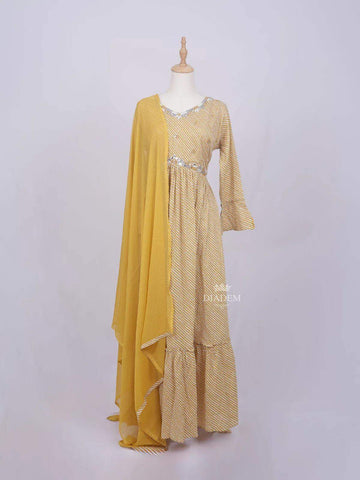 Mustard Yellow Cotton Long Kurti Top set Adorned with Stripes and Mirror work, paired with Dupatta - Diadem