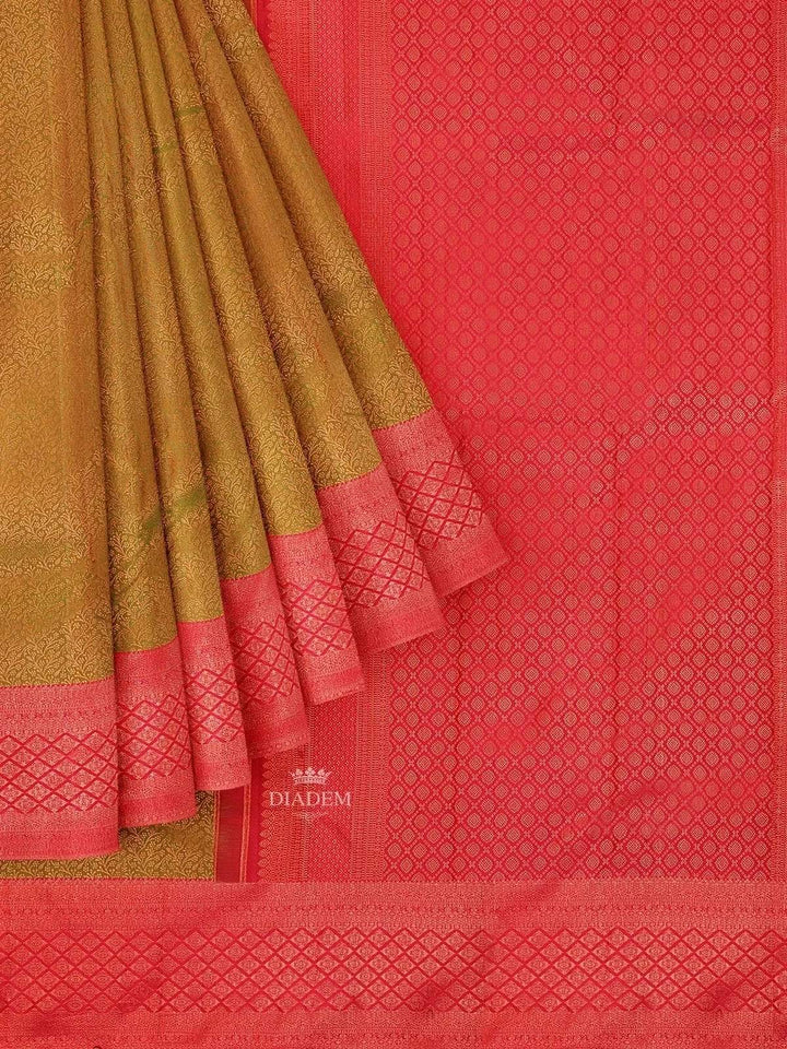 Mustard Pure Kanchipuram Silk Saree with Floral Motif on the body and Contrast Zari Border - Diadem