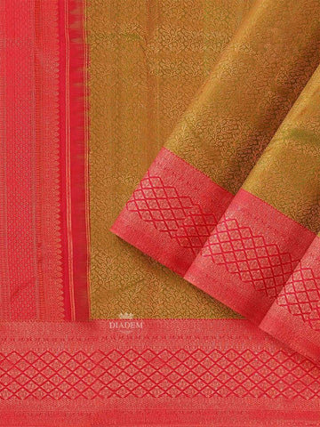 Mustard Pure Kanchipuram Silk Saree with Floral Motif on the body and Contrast Zari Border - Diadem