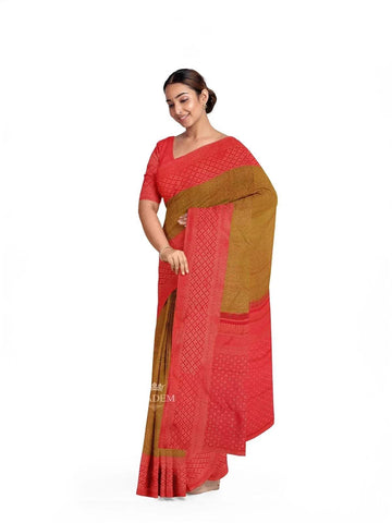 Mustard Pure Kanchipuram Silk Saree with Floral Motif on the body and Contrast Zari Border - Diadem