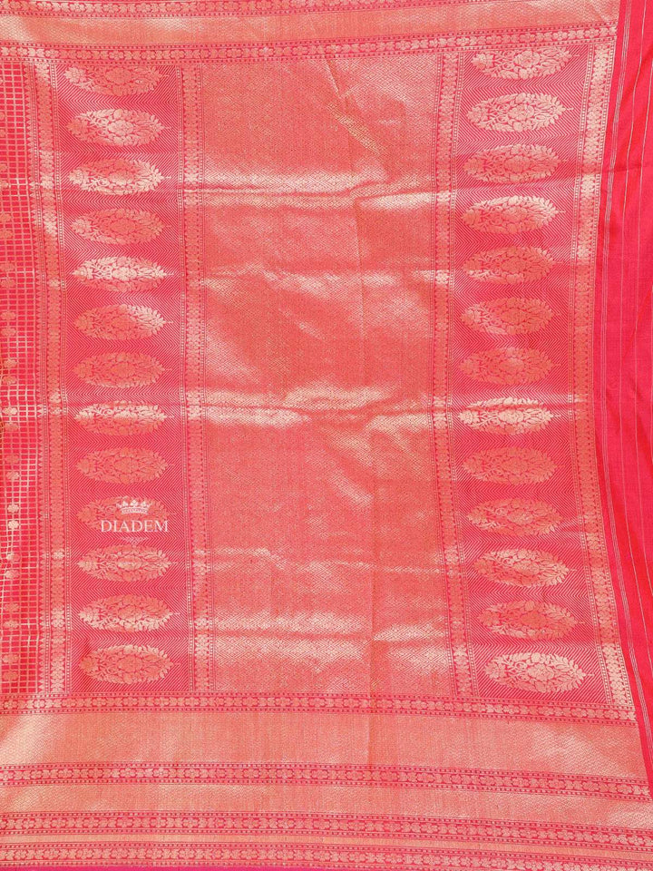 Red Banarasi Saree with Checked and Floral Design on the Body with Zari Border - Diadem