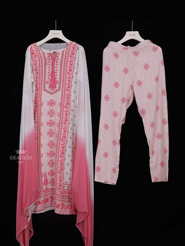 Light Pink Crepe Straight Cut Salwar Suit with Floral Prints, paired with Dupatta - Diadem