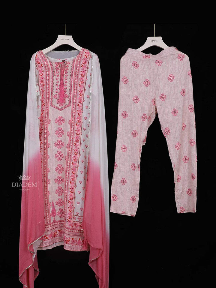 Light Pink Crepe Straight Cut Salwar Suit with Floral Prints, paired with Dupatta - Diadem