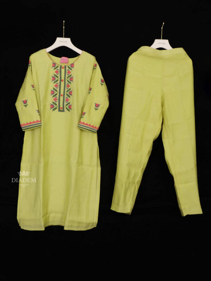 Pista Green Cotton Straight Cut Salwar Suit for Girls Adorned with Floral Threadwork Embroidery, paired with Dupatta - Diadem