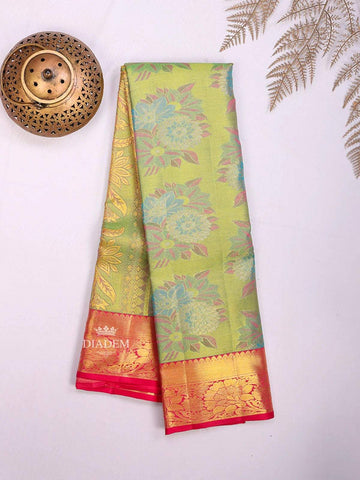 Light Green Pure Kanchipuram Bridal Silk Saree with Floral Motif on the body and Zari Border - Diadem