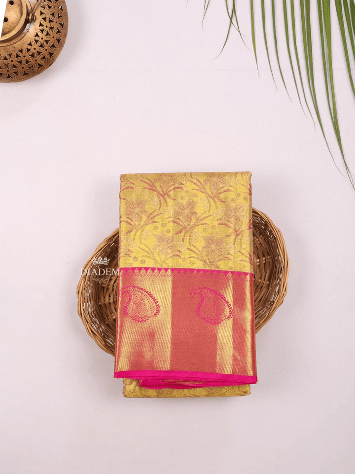 Mustard Yellow Pure Kanchipuram Bridal Silk Saree with Floral Motif on the body and Contrast Zari Border - Diadem