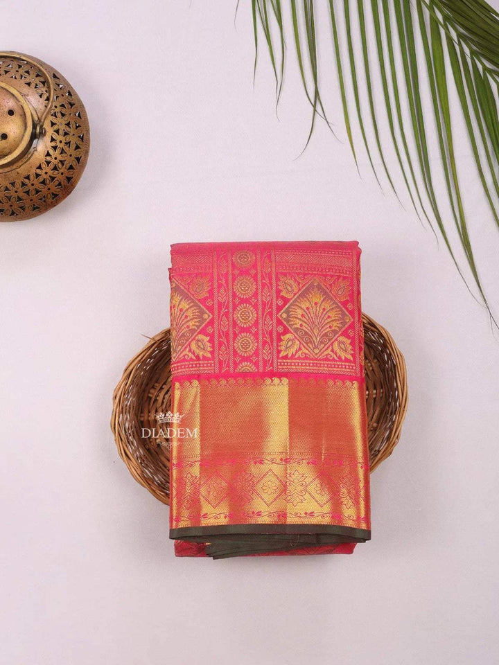 Pink Pure Kanchipuram Bridal Silk Saree with Zari Brocade on the body and Zari Border - Diadem