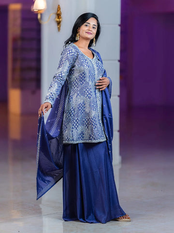 Purple Floral Design Crepe Salwar Palazzo Suit - Diadem