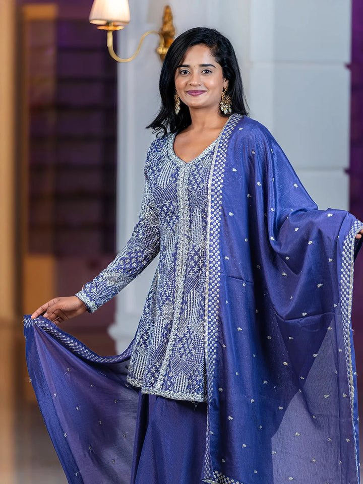 Purple Floral Design Crepe Salwar Palazzo Suit - Diadem