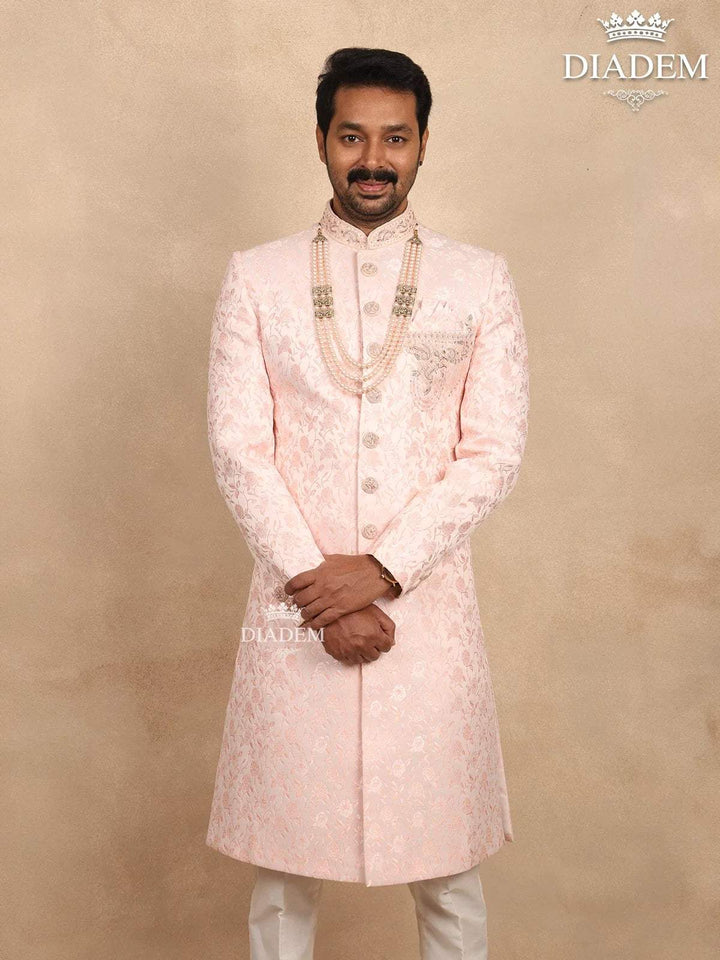 Light Pink Jacquard Sherwani Suit with Floral Emboss paired with Bead Mala - Diadem