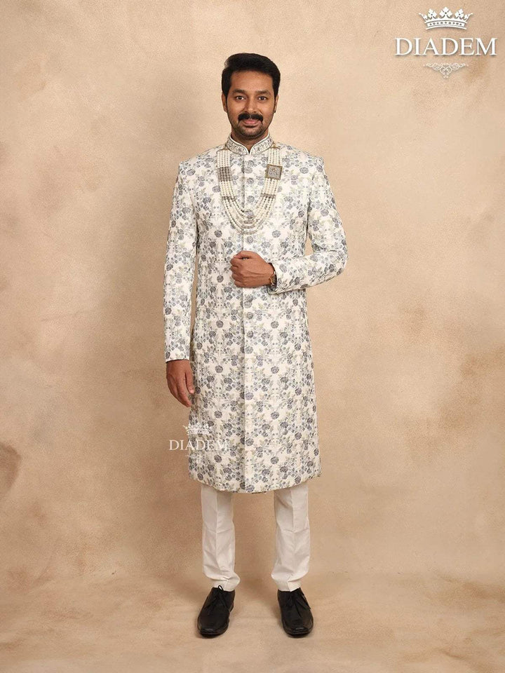 Ivory Silk Sherwani Suit with Floral Embroidery, Paired with Bead Mala - Diadem