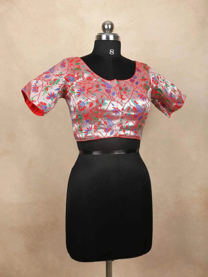 Red Silk Readymade Blouse with Peacock and Flower Design - Diadem